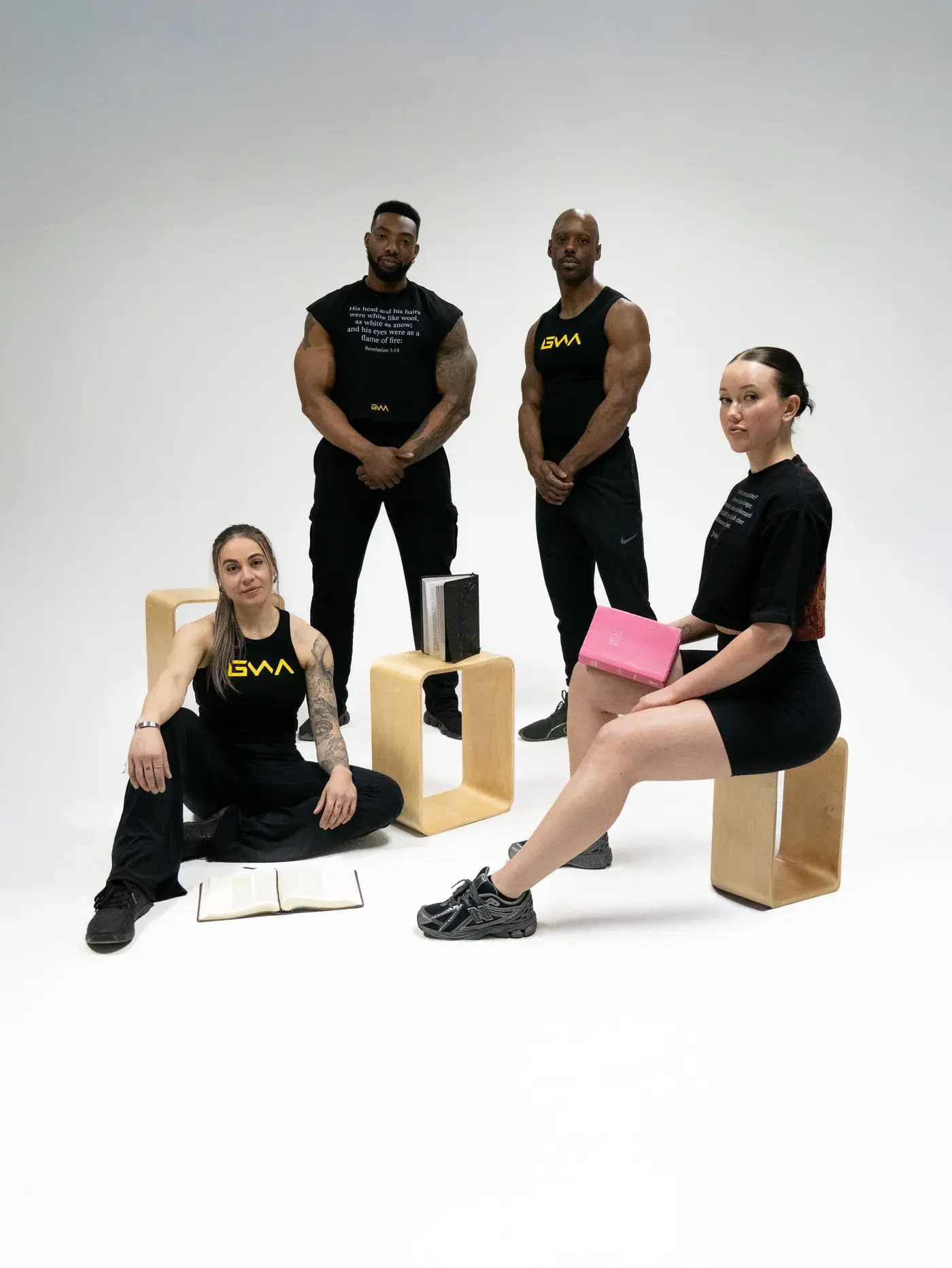 The GWA launch collection worn together in the studio