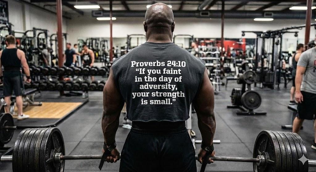 Christian athlete lifting weights in gym wearing Scripture on clothing as a bold reminder under pressure